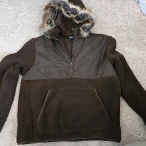 Men's Hooded Half Zip Faux Fur Sherpa Fleece Pullover